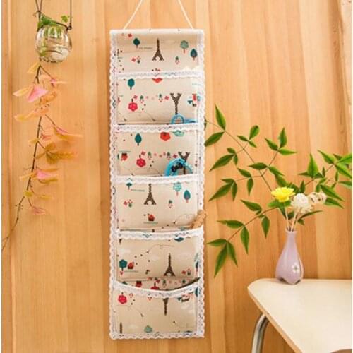 1PC Cotton Linen Hanging Storage Basket 5 Pockets Wall Mounted Wardrobe Hang Bag Wall Pouch Cosmetic Toys Organizer NX 043