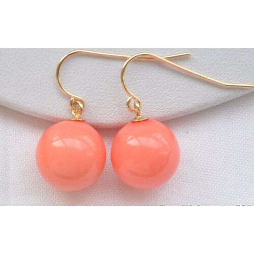 12mm pink round south sea shell pearl dangle earring