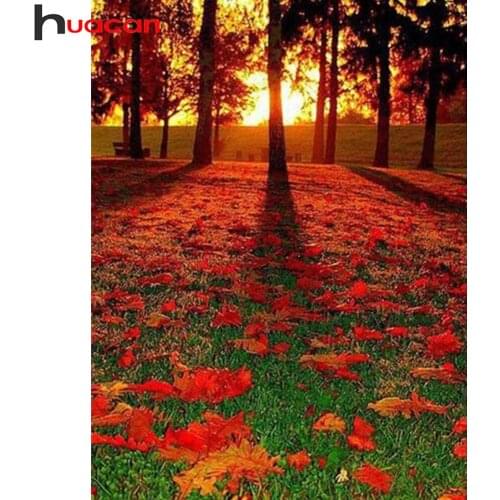 Huacan Diamond Painting Mosaic Sunset Tree Forest Diamond Art Embroidery Maple Leaf Landscape Home Decor