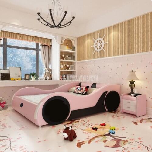 Cute 1.2m/1.5m/1.8m Car Design Children Bed With Mattress Bedside Cabinet Home Bed Child Bedroom Furniture Solid Wood Leather
