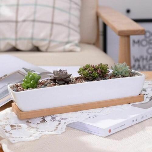1 Set Ceramic Flower Pot With Bamboo Tray Succulent Planter Garden Bonsai Pot Succulents Micro Garden Wedding Mini Flowerpots