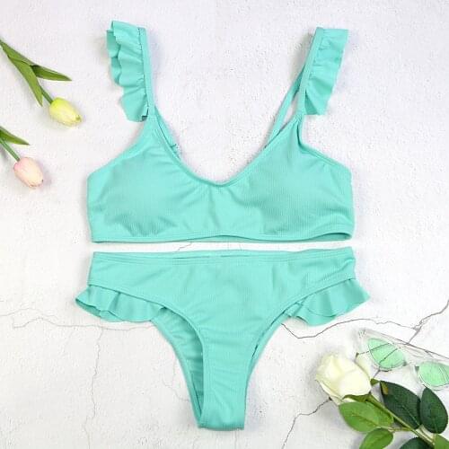 Pink bikinis set sexy xl low waist girl bikini new wire free swimsuit ruffles swimwear women solid Ginger light green swimming