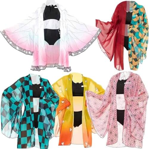Anime Demon Slayer Cosplay Kochou Shinobu Swimming Suit Chiffon Kimono Zenitsu Kimetsu No Yaiba Swimwear Nezuko Cosplay CS674
