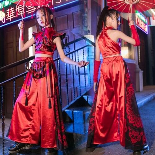 HiP Hop Costumes For Girls Boys Retro Jazz Dance Show Outfit Red Suits Tops Pants Ballroom Dancing Clothes Rave Wear DNV14418