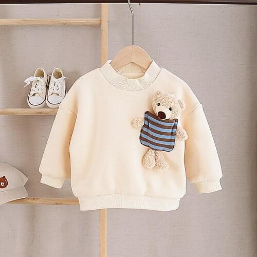 Hot Sale 2020 Winter New Baby Doll Bear Children Plus Velvet Sweatshirt Boys and Girls O-neck Pullover Cotton Top Baby Clothes