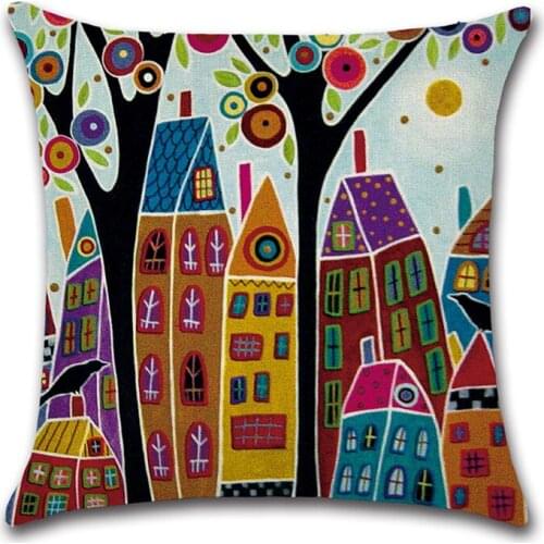 Linen Painted Cushion Cover Retro Rural Cities Throw Pillow For Car Home Decor Cushions Seat Livingroom Decoration Pillowcase