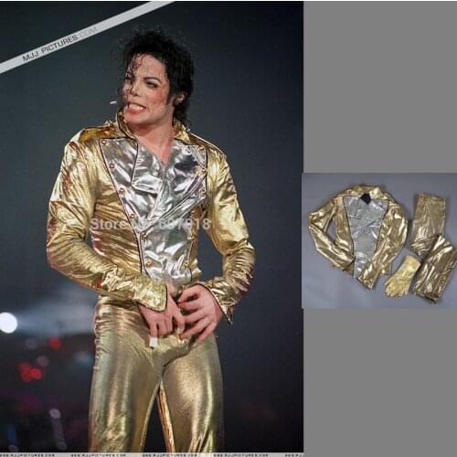 MJ Michael Jackson History BAD Golden Spandex Double Breasted Woven Jacket Pants Gloves Full Set Performance Gift