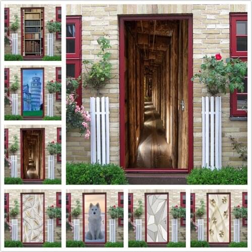 Wood Corridor Door Wallpaper Vinyl DIY Self-adhesive Stickers on the Doors Removable Poster Wall Decals Home Decor deursticker