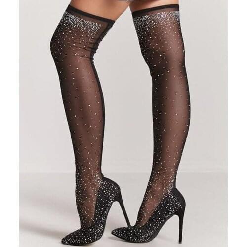 Sexy Black Mesh Crystal Embellished Over Knee Boots Womens Pointed Toe Socks Boots Shoes Thin Heels Slim Fit Tight High Boots