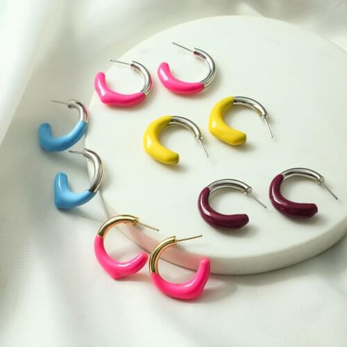 HECHENG,2021 New Trendy Design Asymmetrical Color Drop-glazed C Shaped Ear Stud Earrings,For Women Girls Party Jewelry