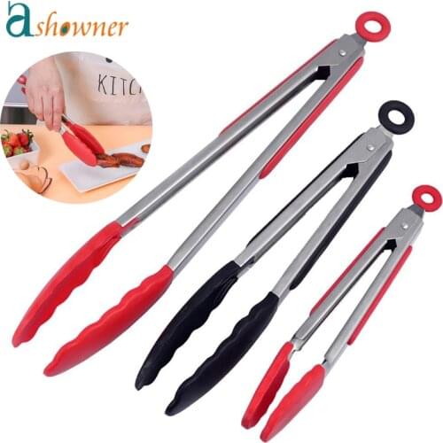 Silicone BBQ Grilling Tong Kitchen Cooking Salad Bread Serving Tong Non-Stick Barbecue Clip Clamp Stainless Steel Tools Gadgets