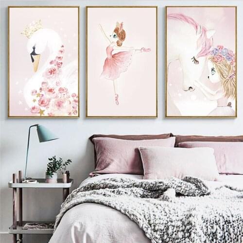 Nordic Modern Cartoon Moon Rabbit Girls Carousel Canvas Painting Spray Color Swan Art Poster Kids Baby Nursery Room Wall Picture