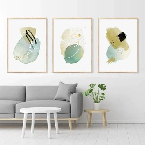 Modern Abstract Minimalist Watercolor Teal Peach Canvas Painting Wall Art Poster Print Wallpaper Living Room Bedroom Decoration