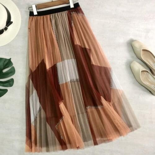 Spring Summer Women Mesh Pleated Skirts 31 Inch Midi Skirt Contrast Color High Waist Chic Women Long Skirt Casual Tulle Skirt