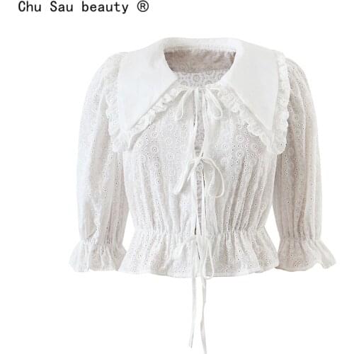 French Vintage Turn Down Collar Tie Shirt Embroidered Women Summer Puff Sleeve Lace Blouse Sweet 2021 Hollow Blouse