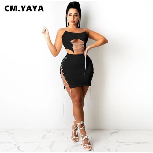 CM.YAYA Women Set Solid Sleeveless Strap O-neck Crop Tops Bandage Hollow Out Mini Skirts Two 2 Piece Sets Sexy Outfit Summer