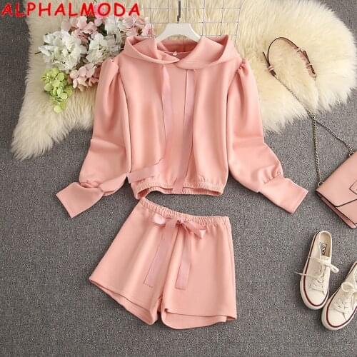 ALPHALMODA 2021 Early Autumn New Hooded Ribbton Puff-sleeved Jacket + Shorts 2pcs Women Fashion Suit Trendy Outfit Shorts Set