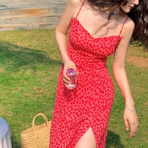 2021 Summer Sexy Deep V-Neck Retro Dress Sling Dress Women Slit Elegant Slim Floral Dress Women Party Dress
