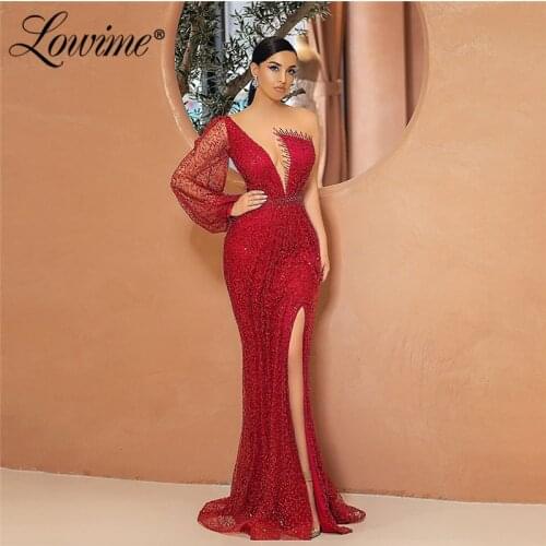 Red Beads Plus Size Evening Wear One Shoulder Elegant Evening Gowns 2020 Long Prom Dresses Robes Party Dress For Weddings Dubai