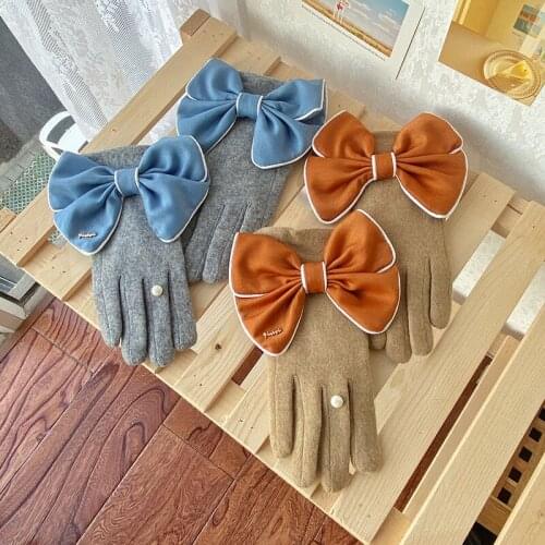 Winter Cashmere Gloves Women Touch Screen Gloves Sweet Large Bow Warm Thick Mittens Elegant Lady Driving Gloves Luvas Guantes