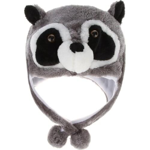 Unisex Winter Fuzzy Plush Raccoon Animal Hat with Pompom Long Straps Snow Ski Warm Earflap Beanie Cap Cosplay Costume