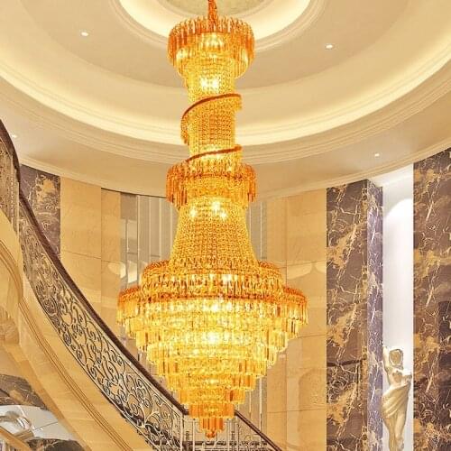Gold Crystal Chandelier Luxury Long Gold Crystal Chandelier Lights Fixture Foyer Stair Hotel Restaurant Club Droplight 110V 220V