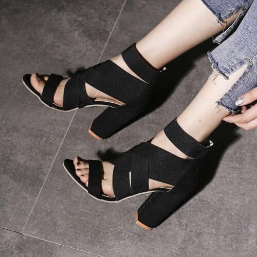 2021 Hot Sale New Fashion Thick High Heel Womens Sandals Elastic Band Stretch Female Hollow Sandals Large Size 43 Ladies Shoes