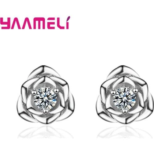 Free Shipping 925 Sterling Silver Jewelry Accessory Flower Stud Earrings with Sparkling Crystal Amazing Big Promotion