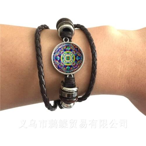 Handmade Om Yaga Symbol Bracelet Buddhism Mandala Glass Cabochon Dome Sacred Geometric Figure Combination Adjustable Bangle