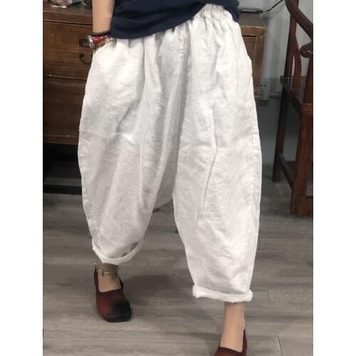 Large Size Elastic Waist Loose Wide Leg Pants Summer Womens Cotton Linen Thin Breathable Loose Vintage Casual Trousers