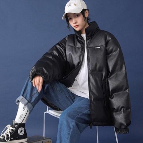 Black Womens Winter jacket Warm PU Leather Coats Plus Size y2k Parkas Streetwear with zipper Bubble Female 2021 Fashion Jacket