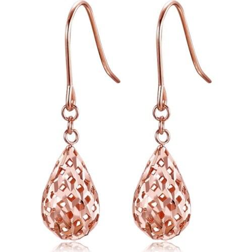 Pure 18K Rose Gold Earrings Women AU750 Gold Hollow Water Drop Dangle Earrings