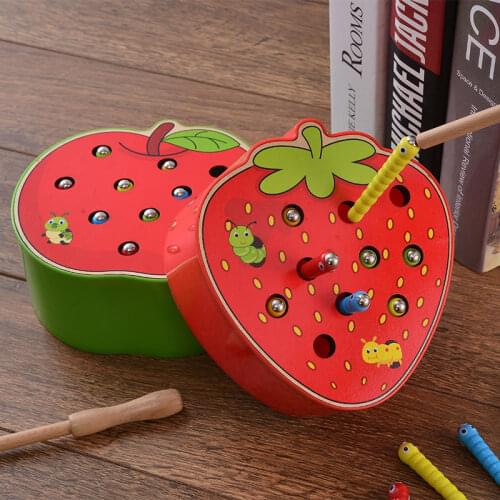 Baby Wooden Education Toys 3D Puzzle Early Childhood Toys Catch Worm Game Color Cognitive Magnetic Strawberry Apple Math Toys