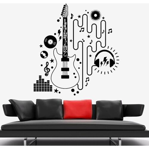 Guitar Headset Compact disc Vinyl Wall Decal Electric Guitar Player Musician Rock Wall Decals Home Music classroom Decor Z423