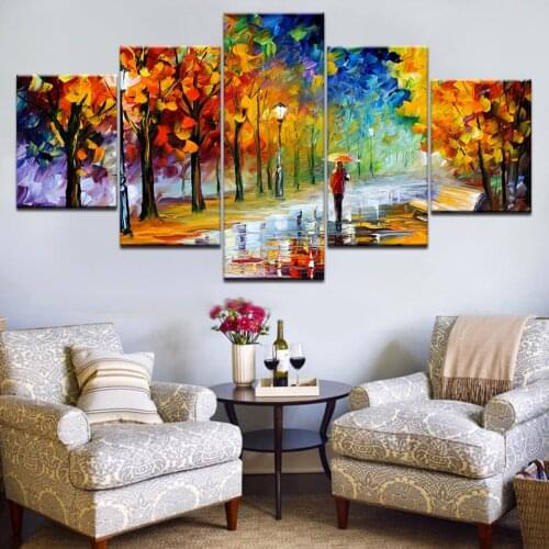 Canvas Painting Wall Art Prints Framed Home Decor 5 Pieces Abstract Oil Tree Pictures Walking In The Rain Nightscape Poster