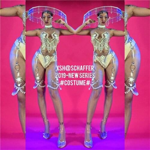 Nightclub bar sexy girl dance team model show crystal pendant costume with headdress ballroom stage performance bikini bra set