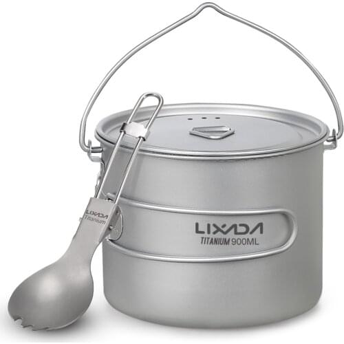 Lixada 750ml/900ml/1100ml Lightweight Titanium Pot w/Folding Spork for Outdoor Camping Hiking Backpacking Picnic Titanium Pot