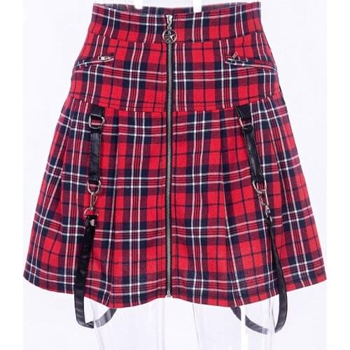 Red Plaid School Mini Skirt Women Summer Zipper Pleated Preppy Gothic A Line Skirts Woman Clothes Strap Sexy Suspender Bottom