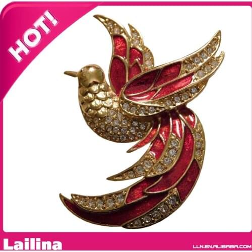 Fashion Bird of Paradise Gold tone & Red enamel Rhinestones Pin Brooch