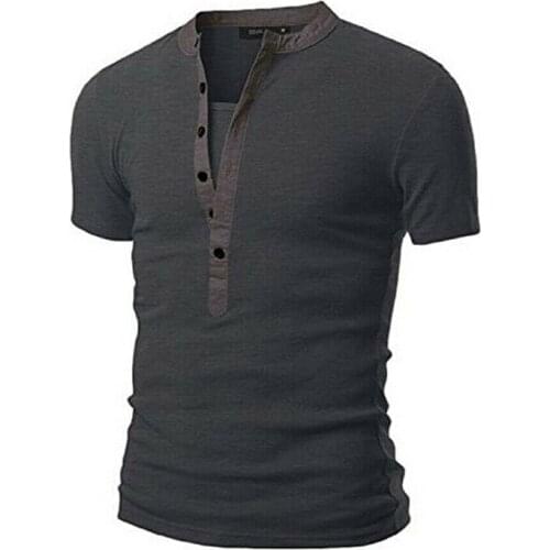 Men Slim Fit V Neck Short Sleeve Tee T-shirt Button Stand Collar Casual T Shirt Fashion Pure Color Tops Tight Tshirts