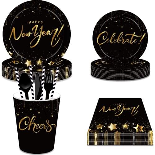 2022 New Gold Black Happy New Year Party Champagne Disposable Tableware Sets Plates Cups Christmas Happy New Year Party Favors
