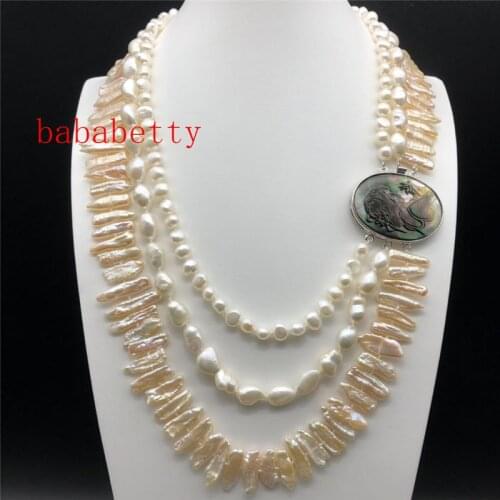NEW Baroque 20" 3row white 7-10mm multicolor pearls necklace seashell clasp