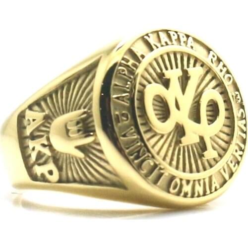 New Arrival Unisex 316L Stainless Steel ALPHA KAPPA RHO VINCIT OMNIA VERITAS Gold-Color AKP Ring Gift