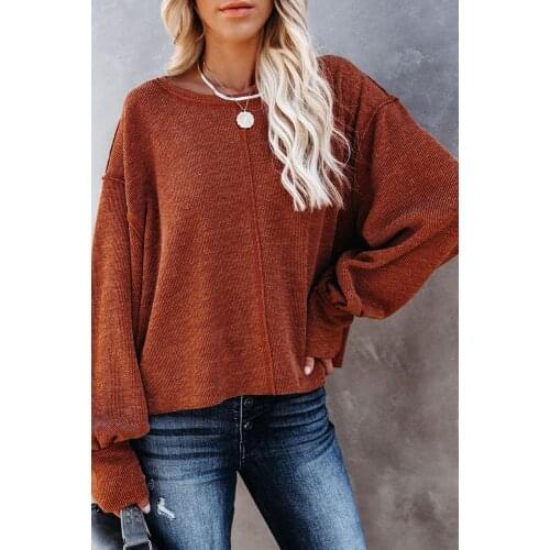 Gray/Khaki Knit Balloon Sleeves Top Women O Neck Long Sleeve Casual Loose Soft Ribbed Wide Cuffs Knit Top Sweaters Plus Size 2XL