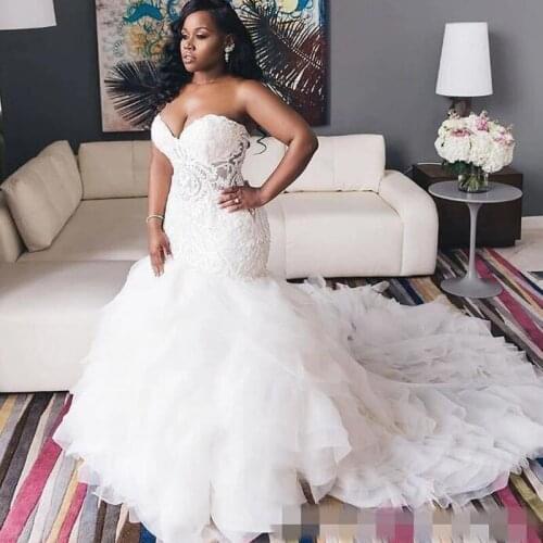 Vintage Ivory 2021 Trumpet Mermaid Wedding Dresses Sweetheart Lace Bodice cascading ruffles Sweetheart Neck Lace Up Plus Size