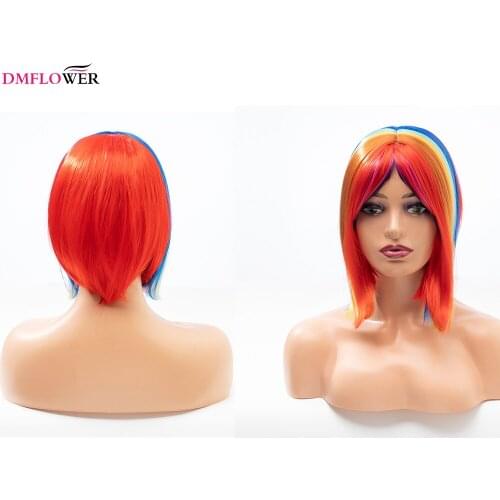 Womens student short bangs wig with synthetic rainbow anime blue yellow red pink party daily wear shoulder length Personalized