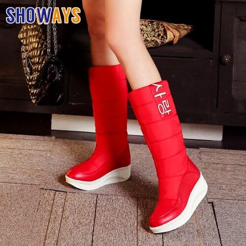 2021 Winter Women Snow Boots Platform Wedge Heel Round Toe Red White Down Casual Outdoor Lady Slip-on Plush Furry Mid-calf Boots