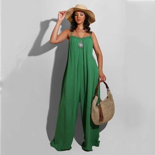 Sexy Backless Suspenders Women Summer Jumpsuit Loose Casual Woman Wide Leg Piece Pants 2021 Elegant Ladies Jumpsuits Green