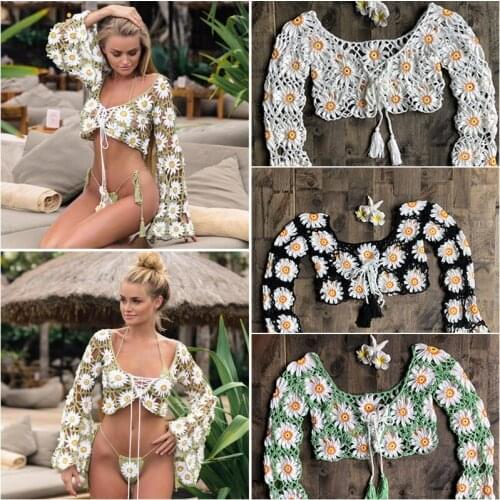 Hand woven womens swimsuit knitted bikini beach blouse sexy handmade hollow bat sleeve top