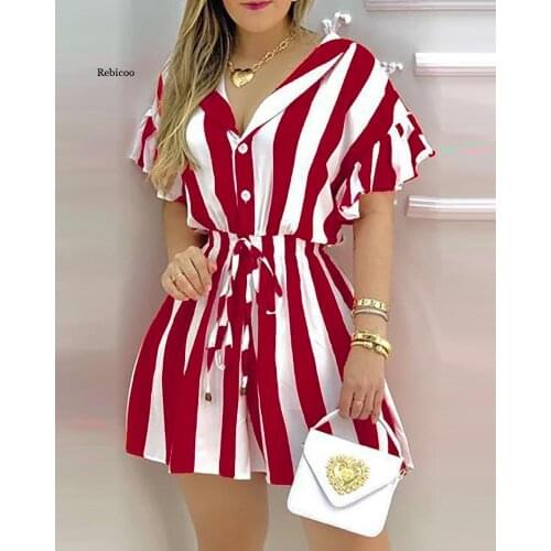New Women Striped Colorblock Ruffles Shirt Dress Short Sleeve V Neck Mini Work Dress